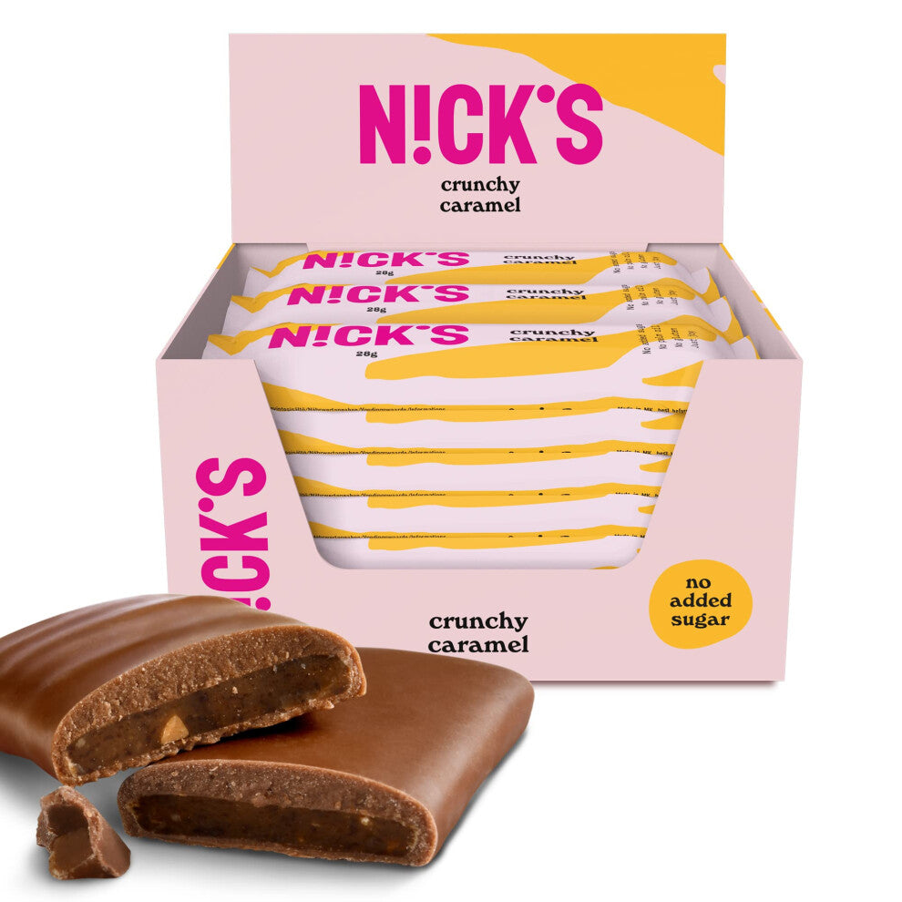 NICKS Crunchy Caramel Keto Chocolate Bars No Added Sugar, 88 Calories, 1.8 Net carbs, Gluten Free Sweets Low carb Candy Snack Bar with Almonds