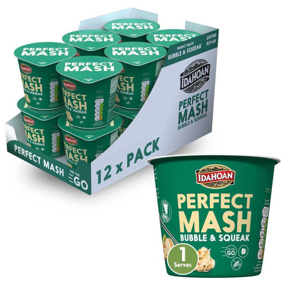 Idahoan Bubble and Squeak Mashed Potato Pots 12 x 55g - Dried Potato Mash Vegetarian and Gluten Free Instant Potato Pot Cooks in 1 Minute, Quick