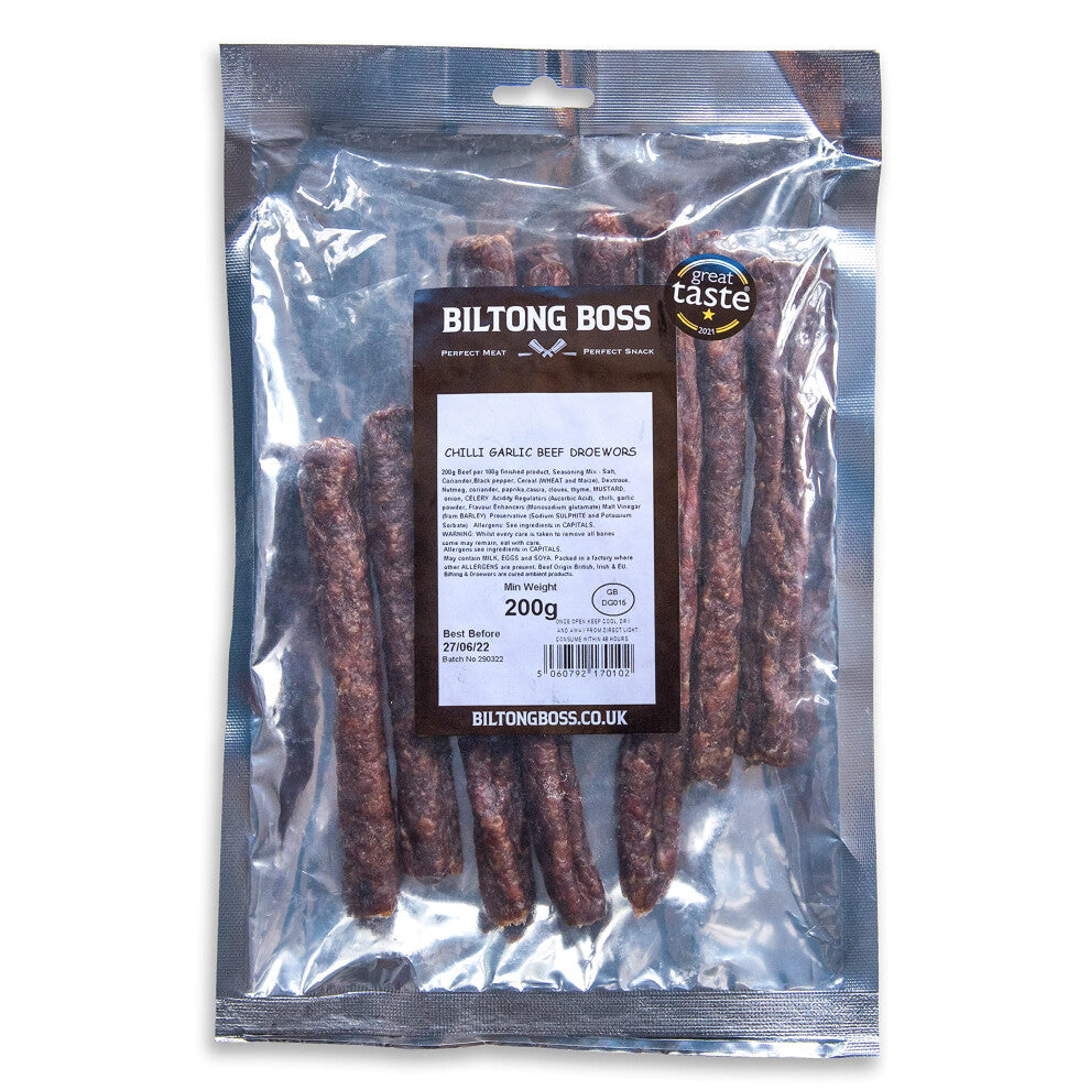 Biltong Boss Chilli Garlic Droewors, Authentic Traditional Recipe, Ready To Eat Flavoured Meat High Protein Snack, Suitable For Paleo, Keto, Atkins