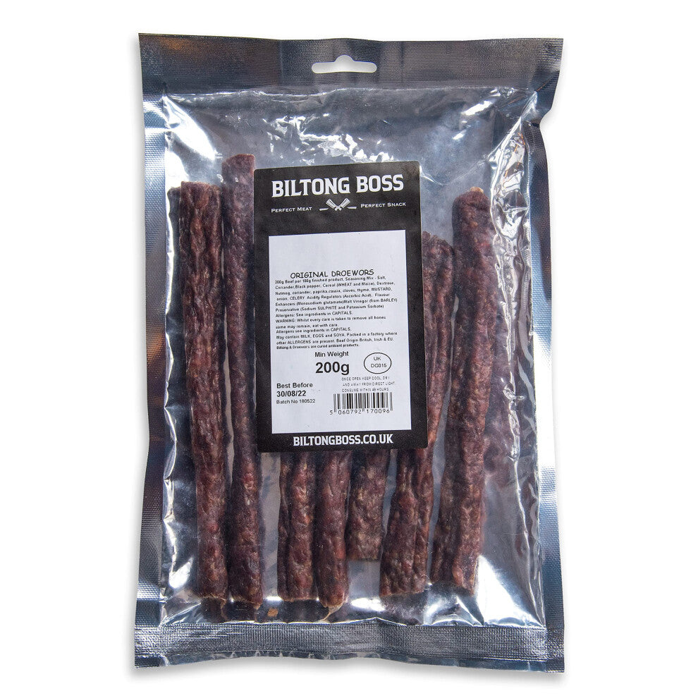 Biltong Boss Original Beef Droewors, Authentic Traditional Recipe, Ready To Eat High Protein Flavoured Meat Snack, Suitable For Paleo, Keto, Atkins