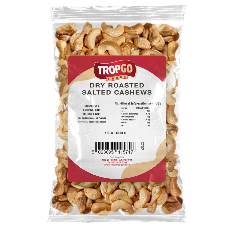 Tropgo Roasted Cashew Nuts 500g - Packed Fresh, Lightly Salted Cashews with Fibre, Protein and Minerals, Perfect for Snacking - Kosher Approved