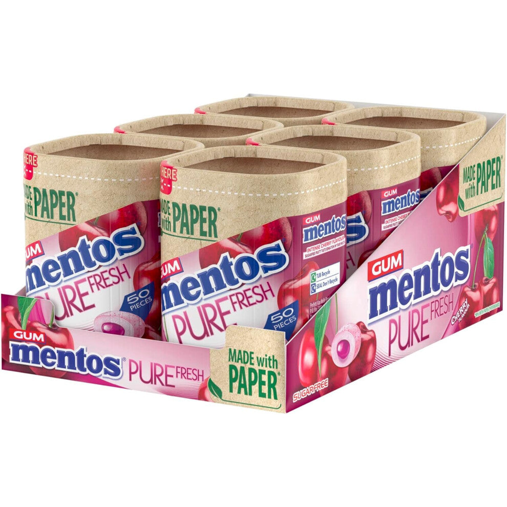 Mentos Pure Fresh Cherry Flavour, Sugar Free Chewing Gum With Xylitol, Suitable for Vegetarians - 6 x 50 Pieces