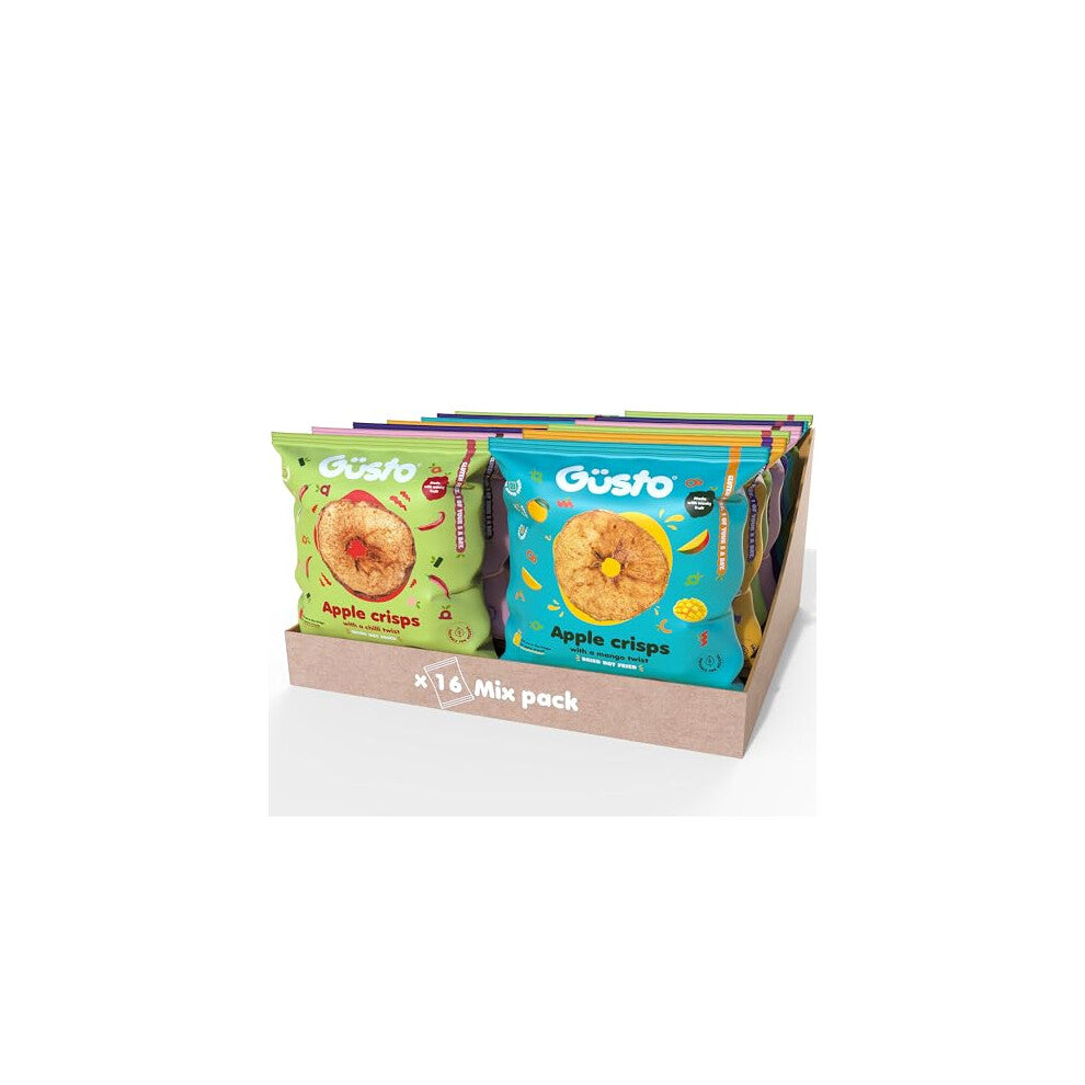 GUSTO SNACKS Crunchy Apple Crisps Variety Mix Case of 16 (20g) - Healthy Kids & Adults 100% Whole Dried Fruit Snacks - No Added Sugar, High in Fibre,