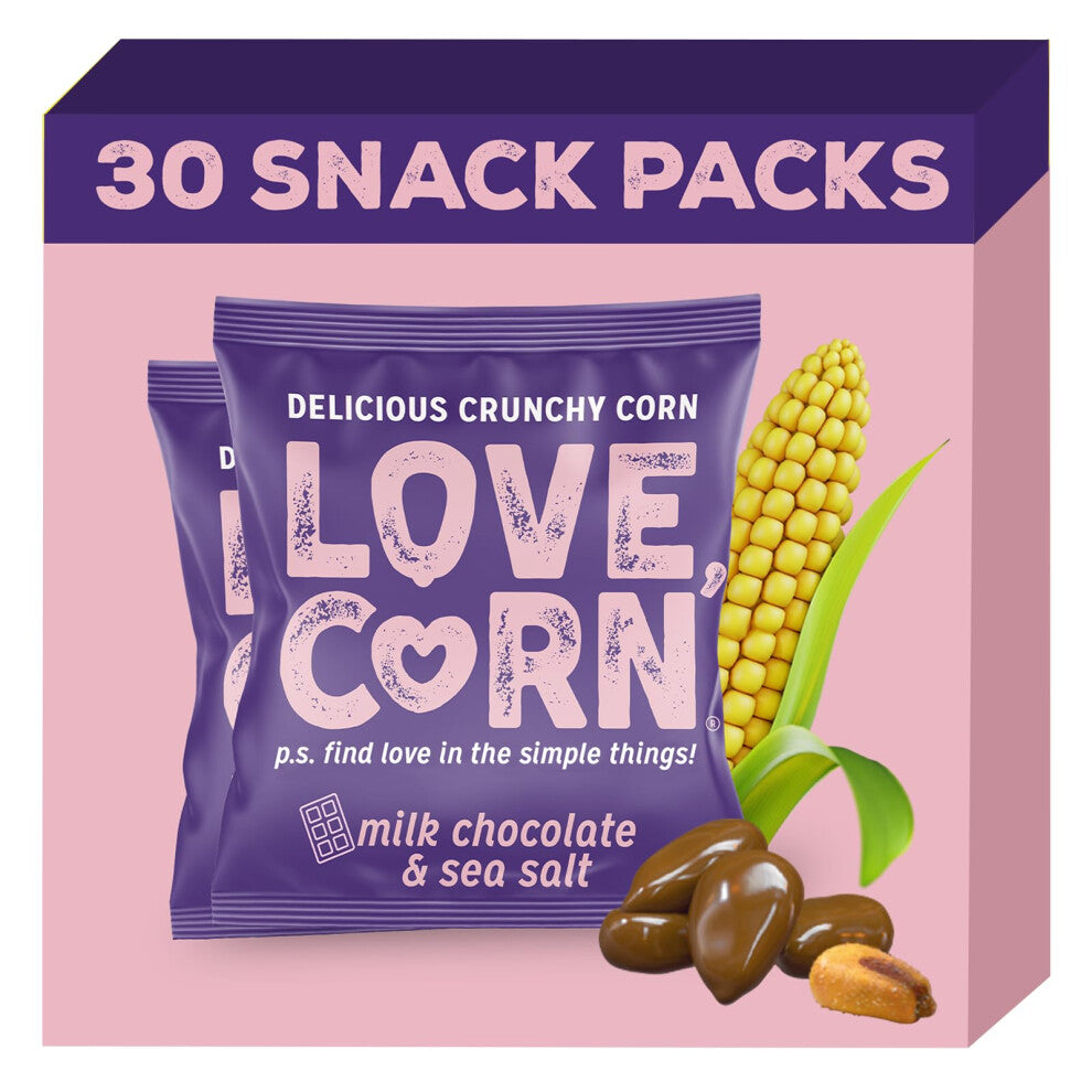 LOVE CORN Milk Chocolate & Sea Salt Crunchy Corn Snack 15g x 30 Bags ? Chocolate Multipack Snacks Ideal for Gluten Free Diets ? Chocolate Gift ?