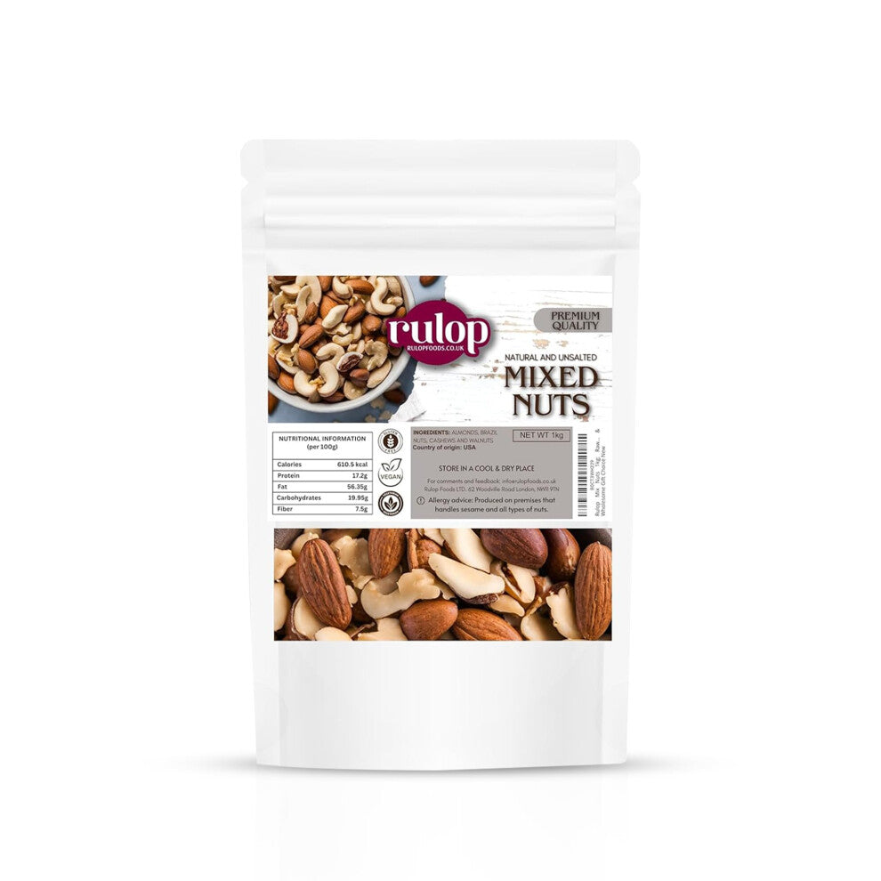 Rulop Mix Nuts 1kg: Raw & Unsalted Cashews, Almonds, Walnuts, Brazil Nuts - Nutritious Vegan, Keto, Vegetarian Snack Mix, Bulk Diet Treat & Wholesome