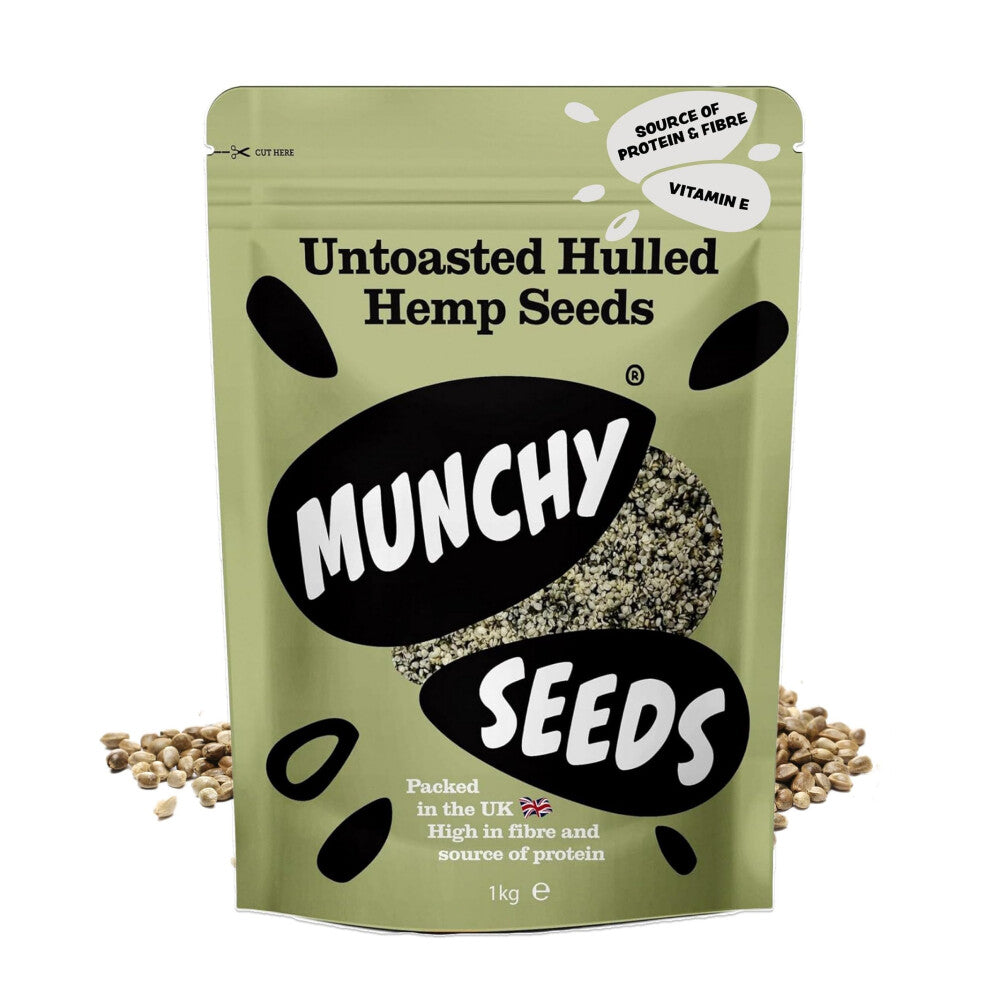 Munchy Seeds Hulled Hemp Seeds, Nutritious Unshelled Hemp Seeds, Perfect With Cereal & Oats, Great Source Of Vegan Protein & Omega 3, High Fibre Hemp