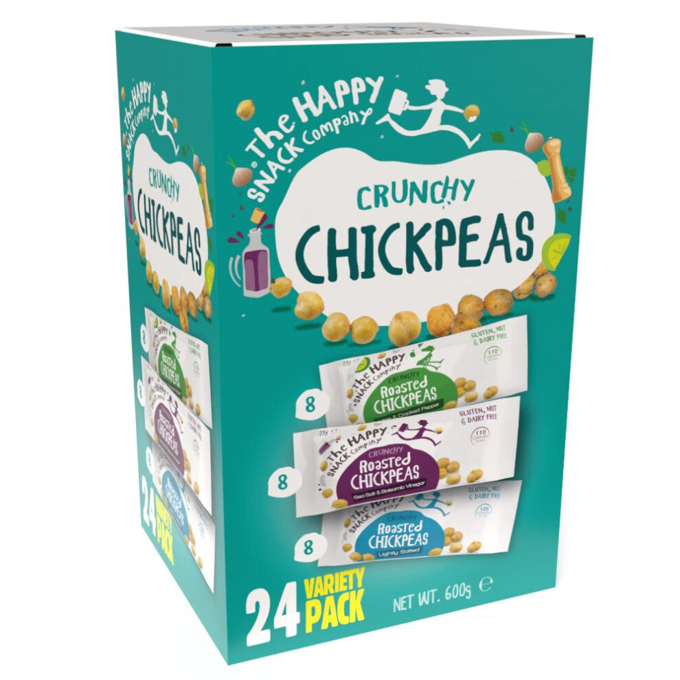 The Happy Snack Company Roasted Chickpeas Variety Pack 24 x 25g (Sea Salt & Balsamic Vinegar, Lime & Cracked Pepper, Lightly Salted). 5g Protein,110