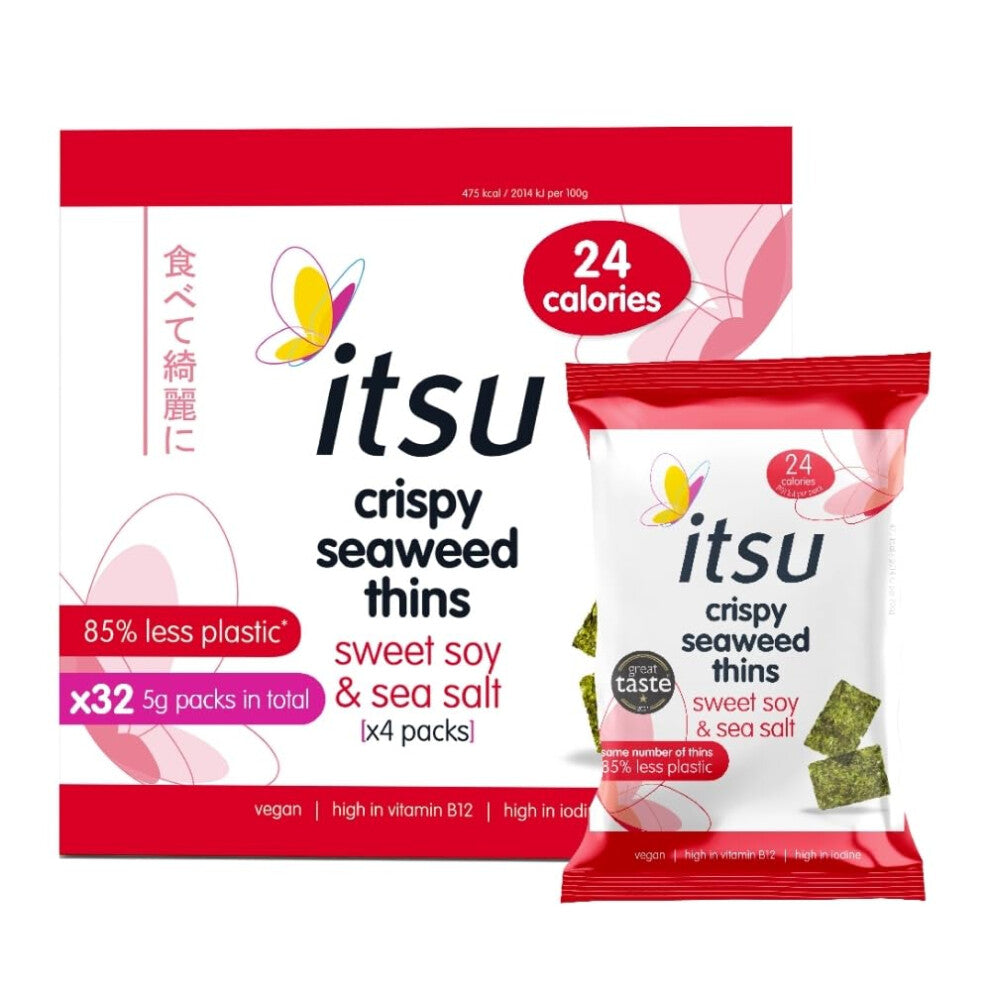 itsu Sweet Soy and Sea Salt Flavour Seaweed Thins | Crispy Seaweed Snacks | NEW Larger Pack (32 x 5g packs) | Vegan, Low Calorie, Healthy Snack,