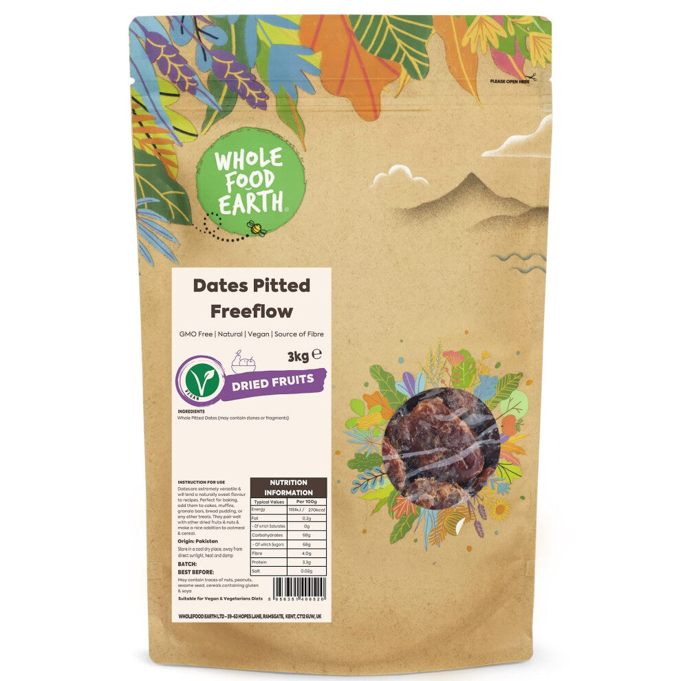 Wholefood Earth Dates Pitted Freeflow 3 kg | GMO Free | Natural | Source of Fibre