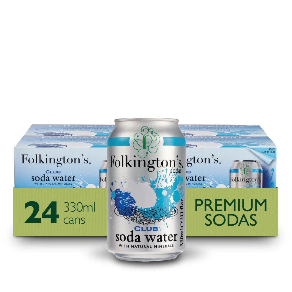 Folkington's Club Soda Water, 24 Cans, Natural Minerals Drink Mixer, 4 x 6 Pack of 330 ml, 24 Cans Total