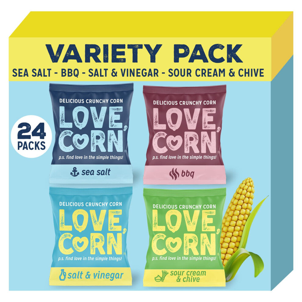 LOVE CORN Variety Pack (6 Sea Salt, 6 BBQ, 6 Salt & Vinegar, 6 Sour Cream & Chive 20g) ? Healthy Snacks Ideal for Gluten Free & Vegan Diets ? Low