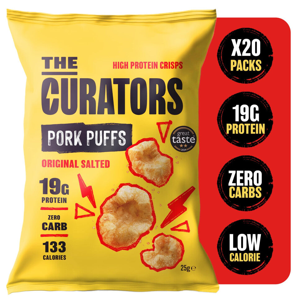 THE CURATORS High Protein Pork Puffs, Original Salted, 25g (20 Packs) 18g Protein Crisp Low Carb Keto Gluten Free Savoury Snack