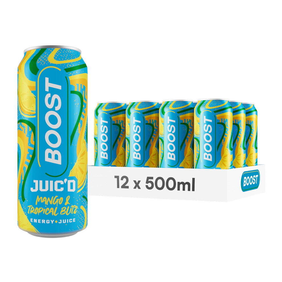 Boost Juic'd Energy Drink Mango & Tropical Juice Blitz | 12 Multipack Carbonated Soft Drinks with Real Fruit, High Caffeine, Taurine and Vitamin B |