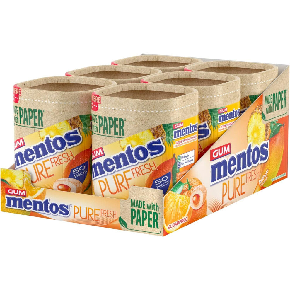 Mentos Pure Fresh Tropical Flavour, Sugar Free Chewing Gum With Xylitol, Suitable for Vegetarians - 6 x 50 Pieces