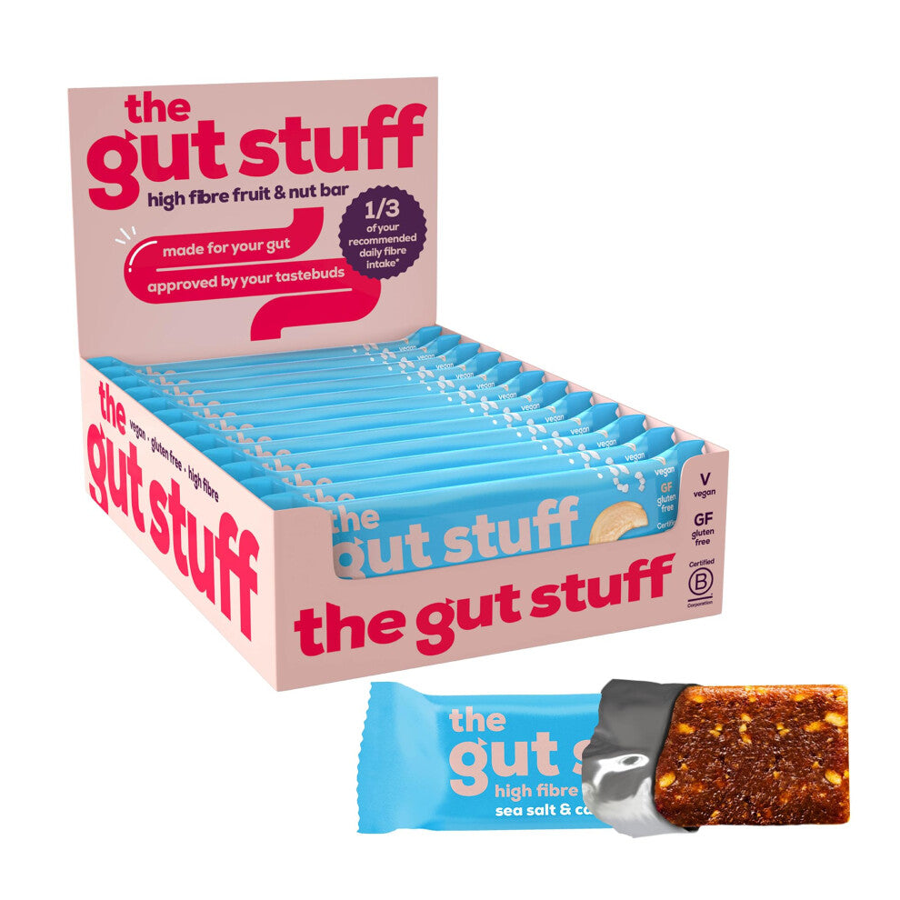 The Gut Stuff High Fibre Fruit & Nut Bars ? Gut Friendly Snack, Gluten Free, Vegan, Low Calorie - Sea Salt & Caramel, 12 x 35g Box