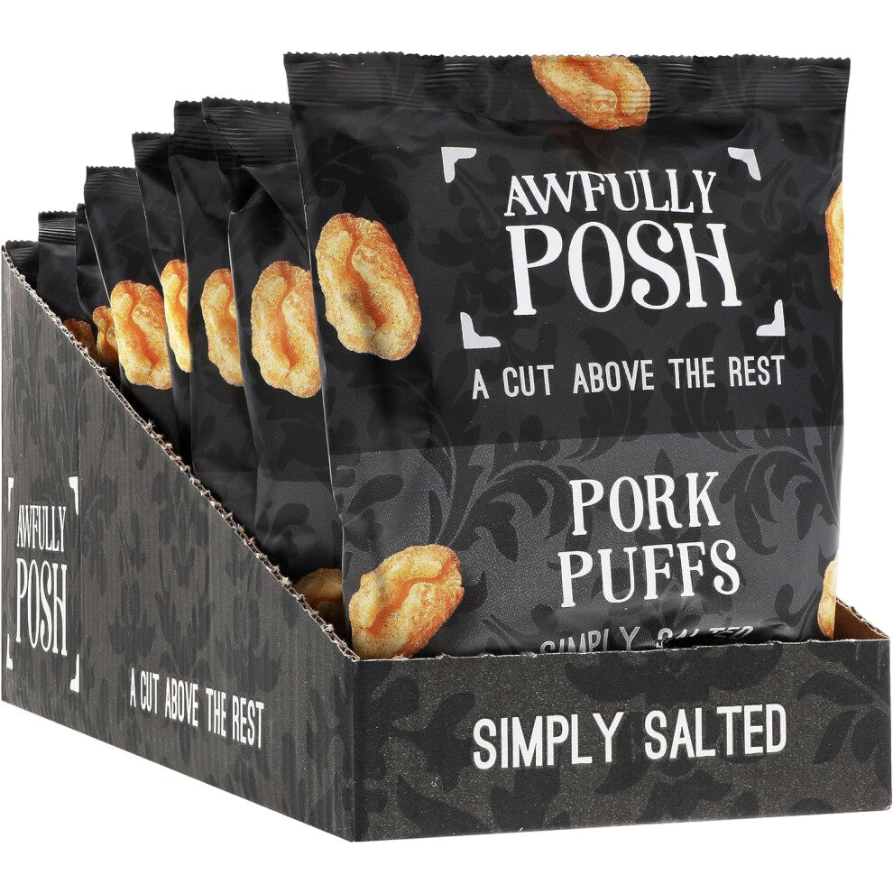 Awfully Posh Pork Puffs (8x30G) | Simply Salted Delightful Pork Puffs Snack | Made Using Prime Cuts, No Nasties | A Bag of Light and Airy Bites of