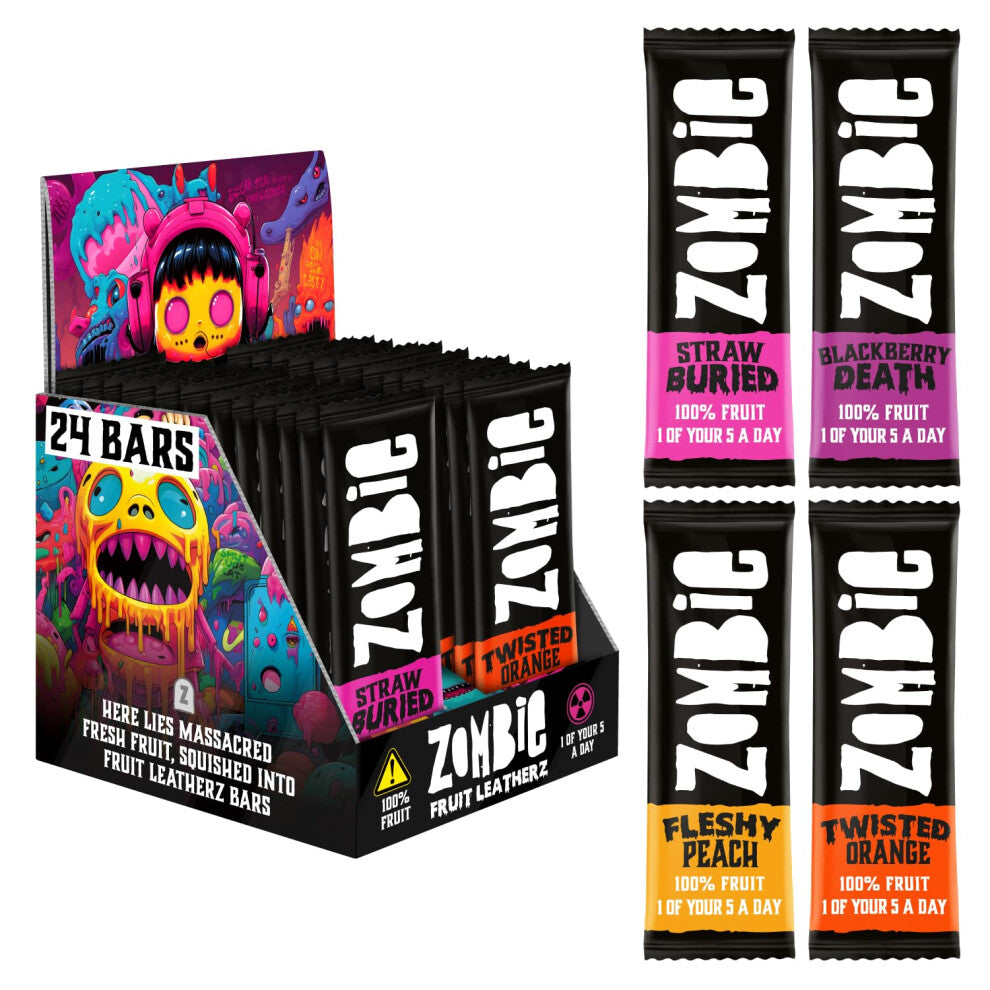 Zombie Fruit Bars, Variety Box (24 Bars, 4 Flavours), 100% Dried Fruit, Healthy Snacks for Adults, Kids, Low Calorie, Gluten Free, Vegan, Halal, Bulk,