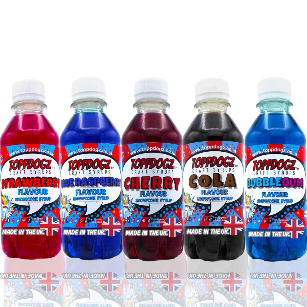 Toppdogz Slush Puppy Compatible Snowcone syrup|premium concentrate|Top 5 favourite flavours|Blue Raspberry, Strawberry, Cherry, Cola, Blue Bubblegum 5