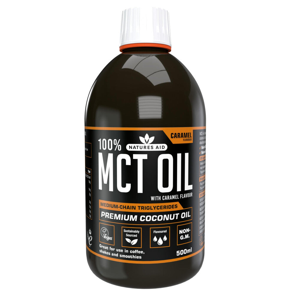 Natures Aid MCT Oil 500ml Caramel - Add to Coffee Shakes Smoothies or Dressings - 100 Percent Premium Coconut Oil Pure Sustainably Sourced Vegan