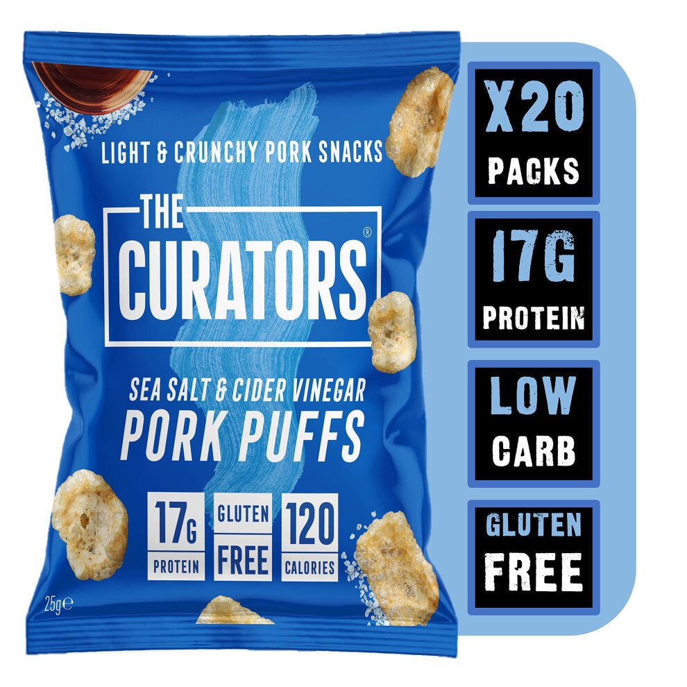 THE CURATORS High Protein Pork Puffs, Protein Crisp 25g (20 Packs) 17g Protein Low Carb Keto Gluten Free Savoury Snack (Salt & Vinegar)