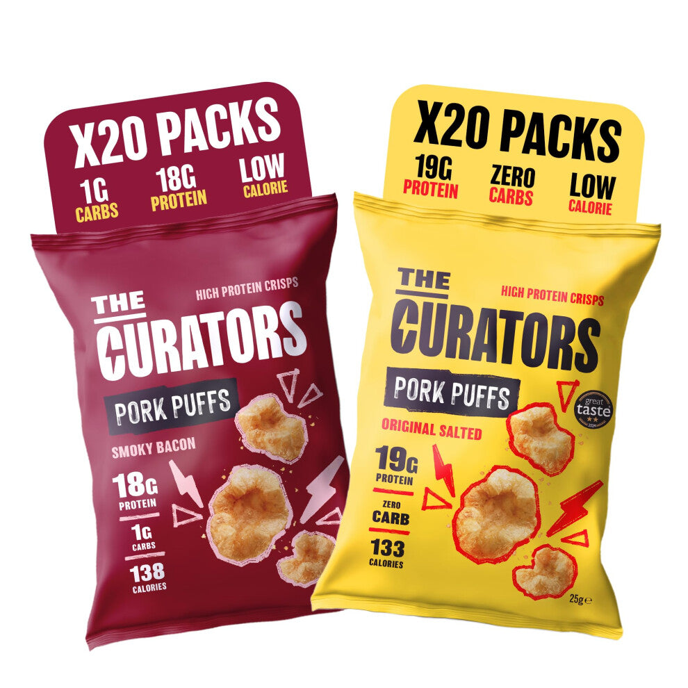 THE CURATORS High Protein Pork Puffs Mixed Pack, 10 x Original Salted, 10 x Smoky Bacon, 25g (20 Packs) High Protein Crisp Low Carb Keto Gluten Free