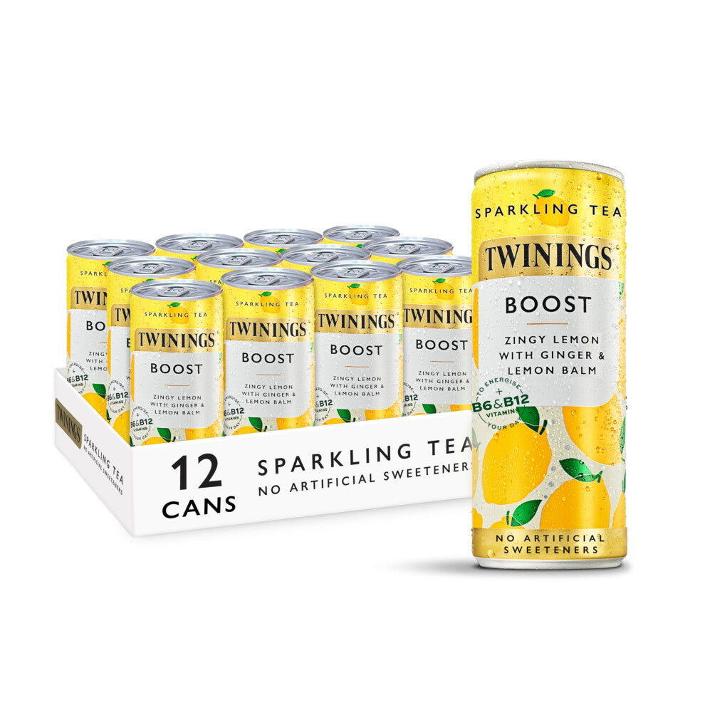 Twinings Boost - Lemon and Ginger Flavoured Sparkling Tea-Refreshing Fruity Beverage(12X250ml Cans)-No Added Sugar, Low in Caffeine-Calorie, Healthy
