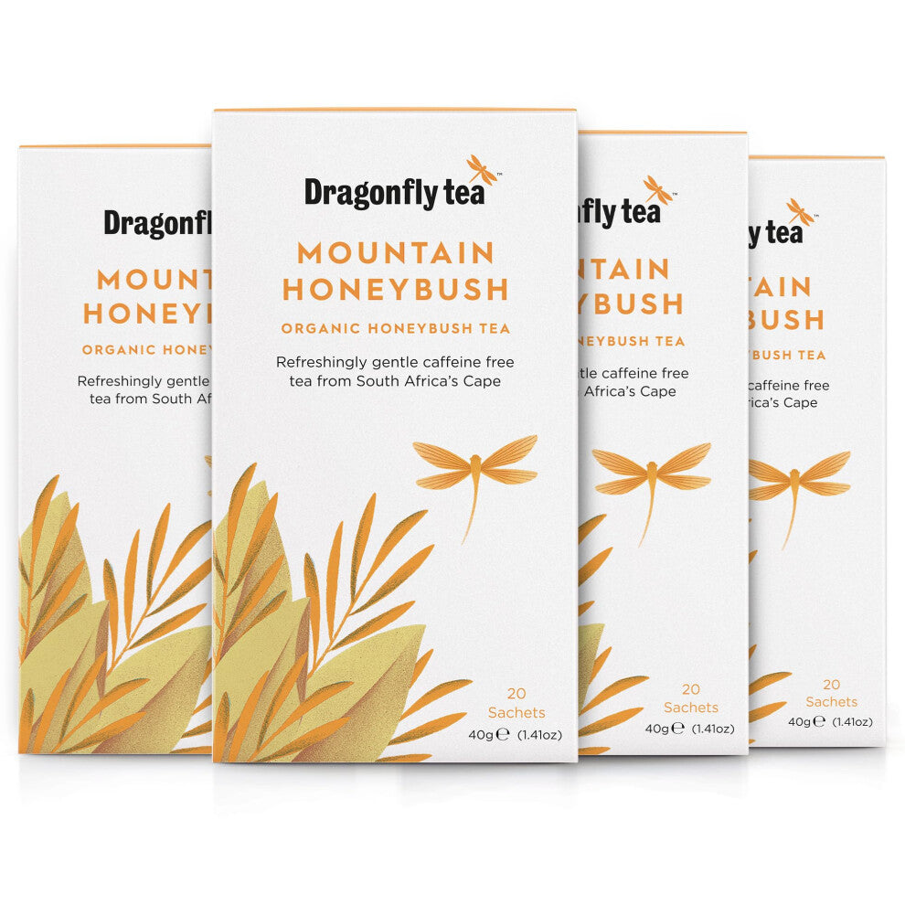 Dragonfly Mountain Honeybush Tea - Pack of 4 x 20 Organic Tea Bags (80 Teabags) - Herbal, Caffeine-Free, Naturally Sweet, Compostable