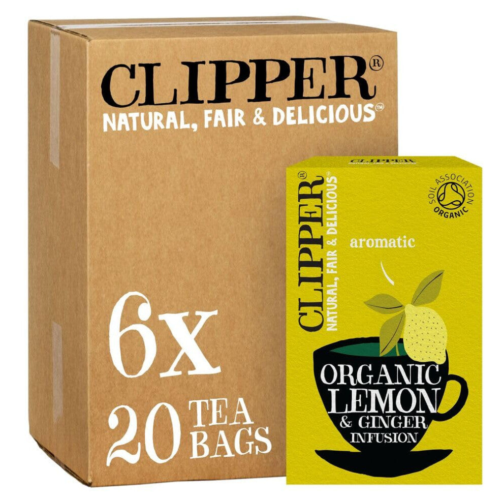 Clipper Organic Lemon & Ginger Tea Bags | 120 Teabag Sachets (6x Boxes of 20) | Bulk Buy, Home & Catering | Caffeine-Free Herbal Tea Bags |