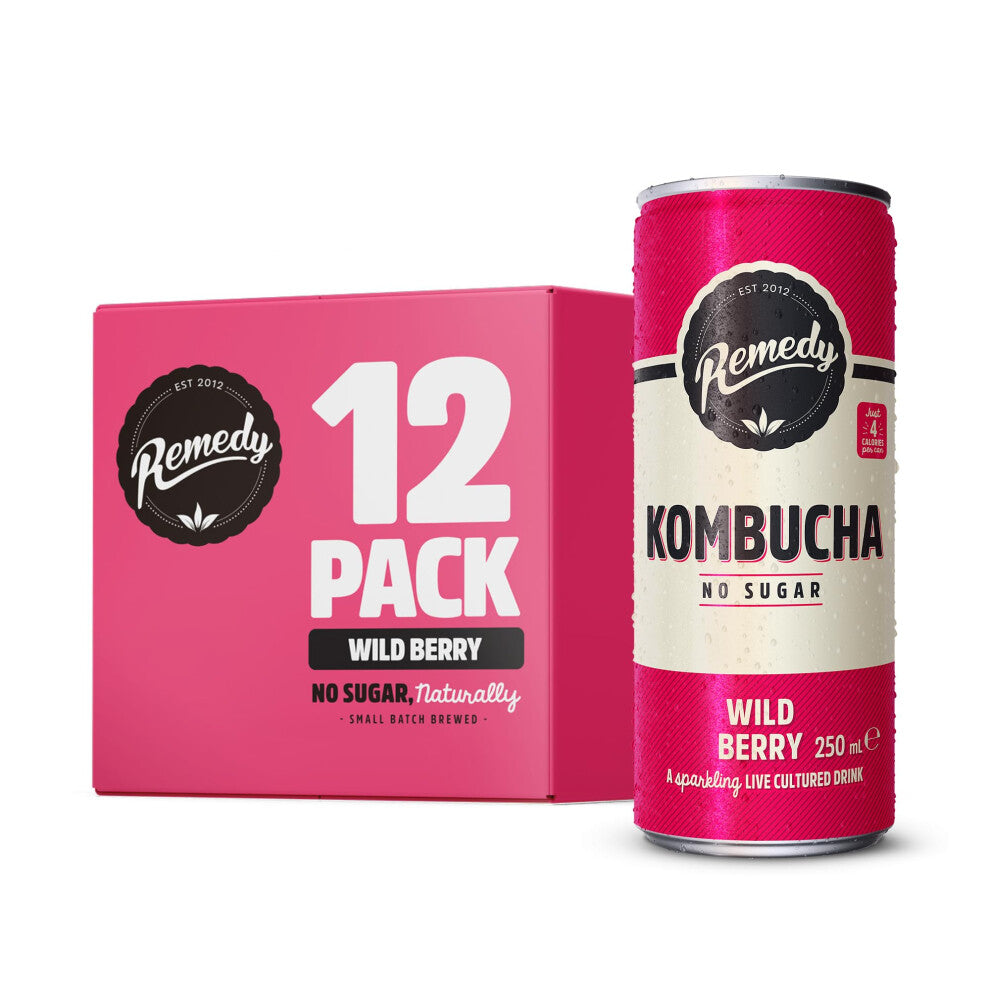 Remedy Kombucha Tea - Wild Berry - Sparkling Live Cultured, Naturally Sugar Free Soft - Probiotic for Gut Health - 12 x 250ml