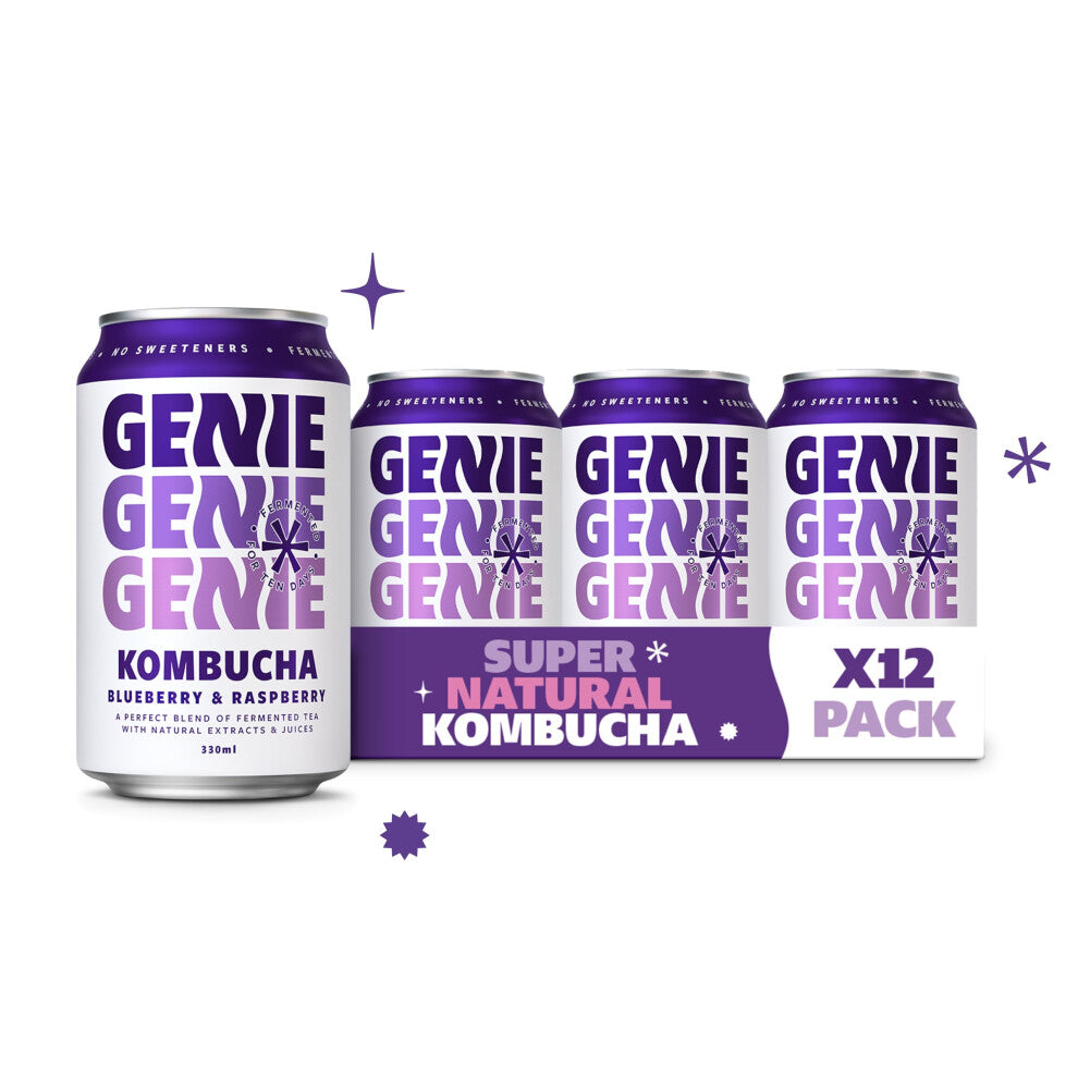 GENIE LIVING DRINKS - Blueberry & Raspberry Kombucha, Delicious Adult Soft Drinks, Fermented 10 Days for Gut Health, 100% Vegan, No Sweeteners, No