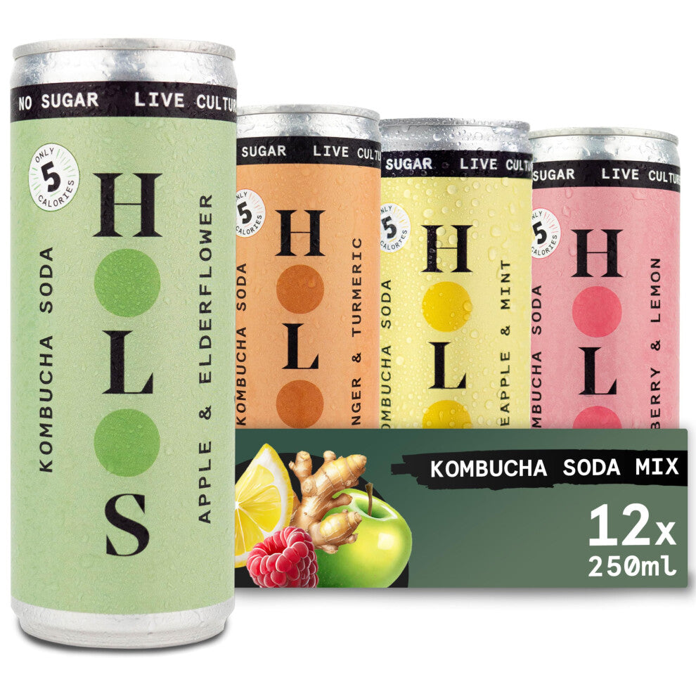HOLOS Mixed Case Sparkling Kombucha Soda - 3x Each Raspberry & Lemon, Apple & Elderflower, Ginger & Turmeric, Pineapple & Mint - Sugar Free Gluten