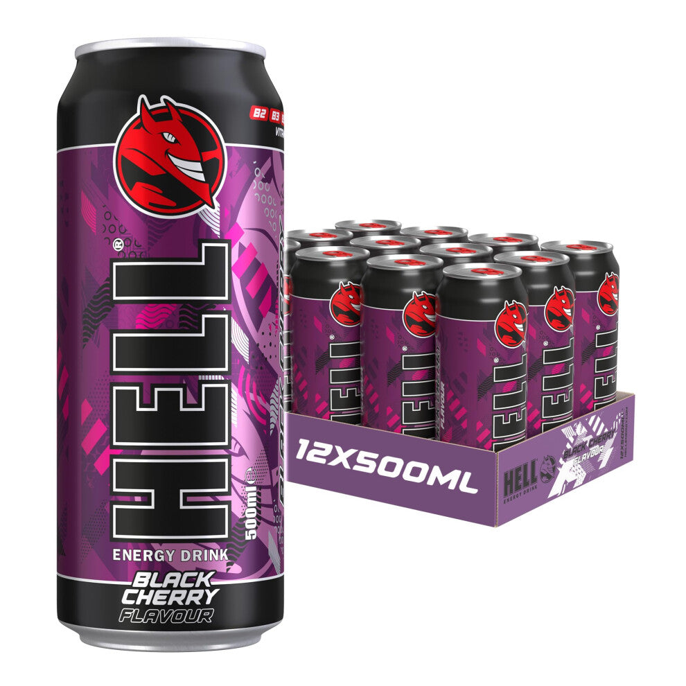 HELL Energy Drink Black Cherry Flavour | 12 x 500ml Cans Multipack | 32mg-100ml Caffeine | Contains Vitamins B2 B3 B5 B6 B12 | Preservative Free |