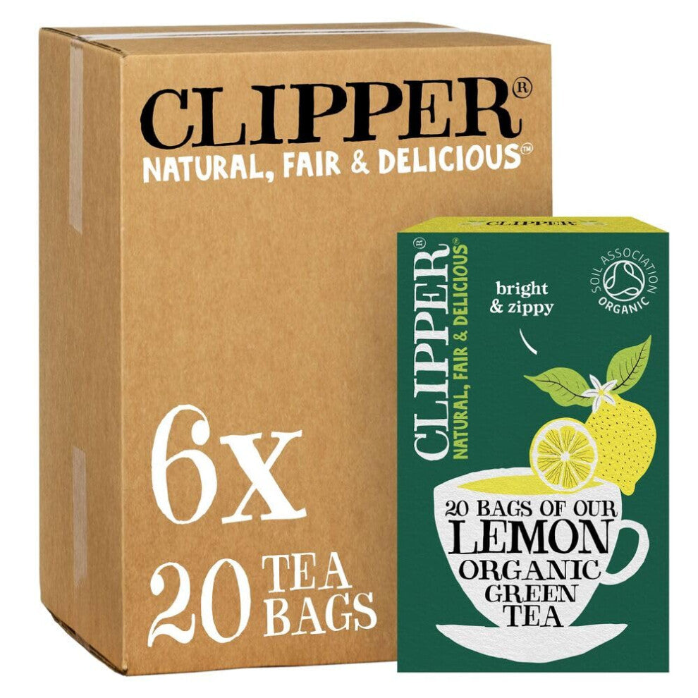 Clipper Organic Lemon Green Tea Bags | 120 Teabags (6x Boxes of 20) | Bulk Buy for Office, Home & Catering | Pure, Fair Trade Green Tea with Lemon |