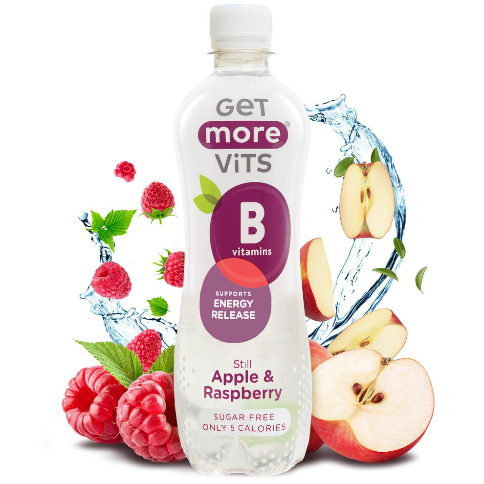 Get More Vits - B Vitamins Still Apple & Raspberry Flavoured Spring Water (12 x 500ml), Supports Energy Release, Tackle Tiredness & Fatigue, Natural