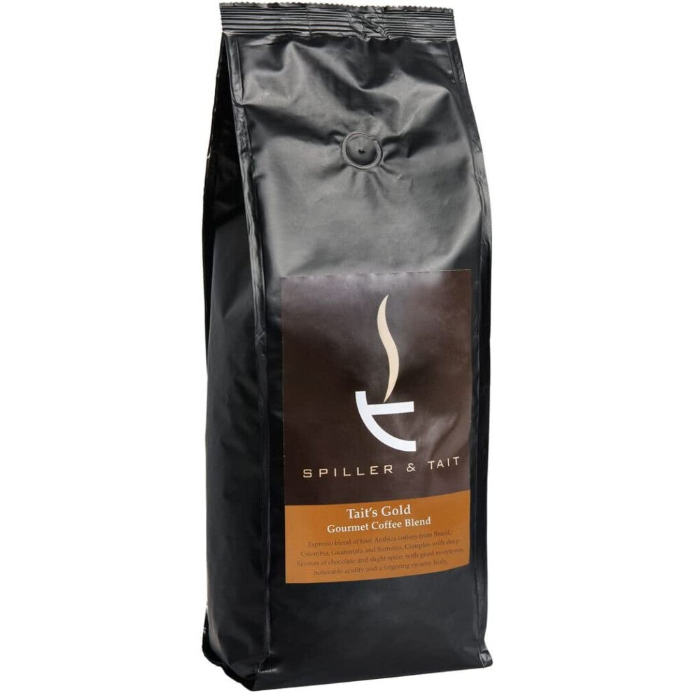 Spiller & Tait Tait's Gold, Gourmet Coffee Bean Blend 1kg Bag, Rich Arabica Beans Espresso Blend Medium-Dark Roast - Suitable for All Coffee Machines