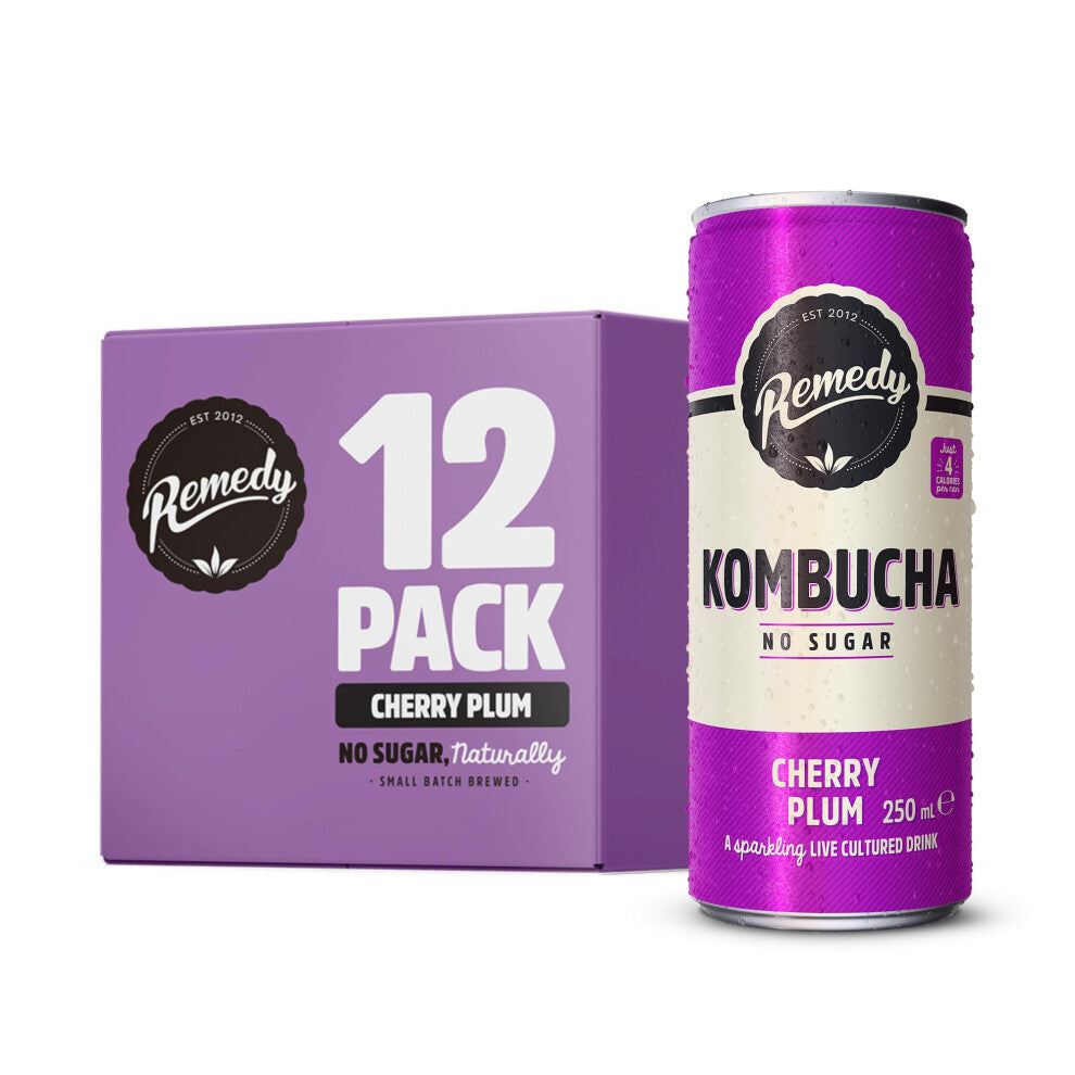 Remedy Kombucha Tea - Cherry Plum - Sparkling Live Cultured Drink - Naturally Sugar Free Soft Drink - Prime Probiotic Drink for Gut Health - 12 x