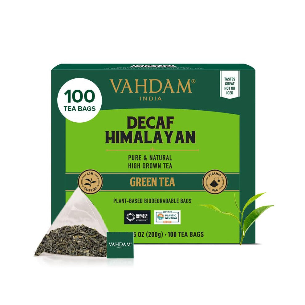 VAHDAM, Decaf Himalayan Green Tea Bags (100 Pyramid Tea Bags) Caffeine Free, Gluten Free | High Grown Decaf Green Tea | Resealable Ziplock Pouch |