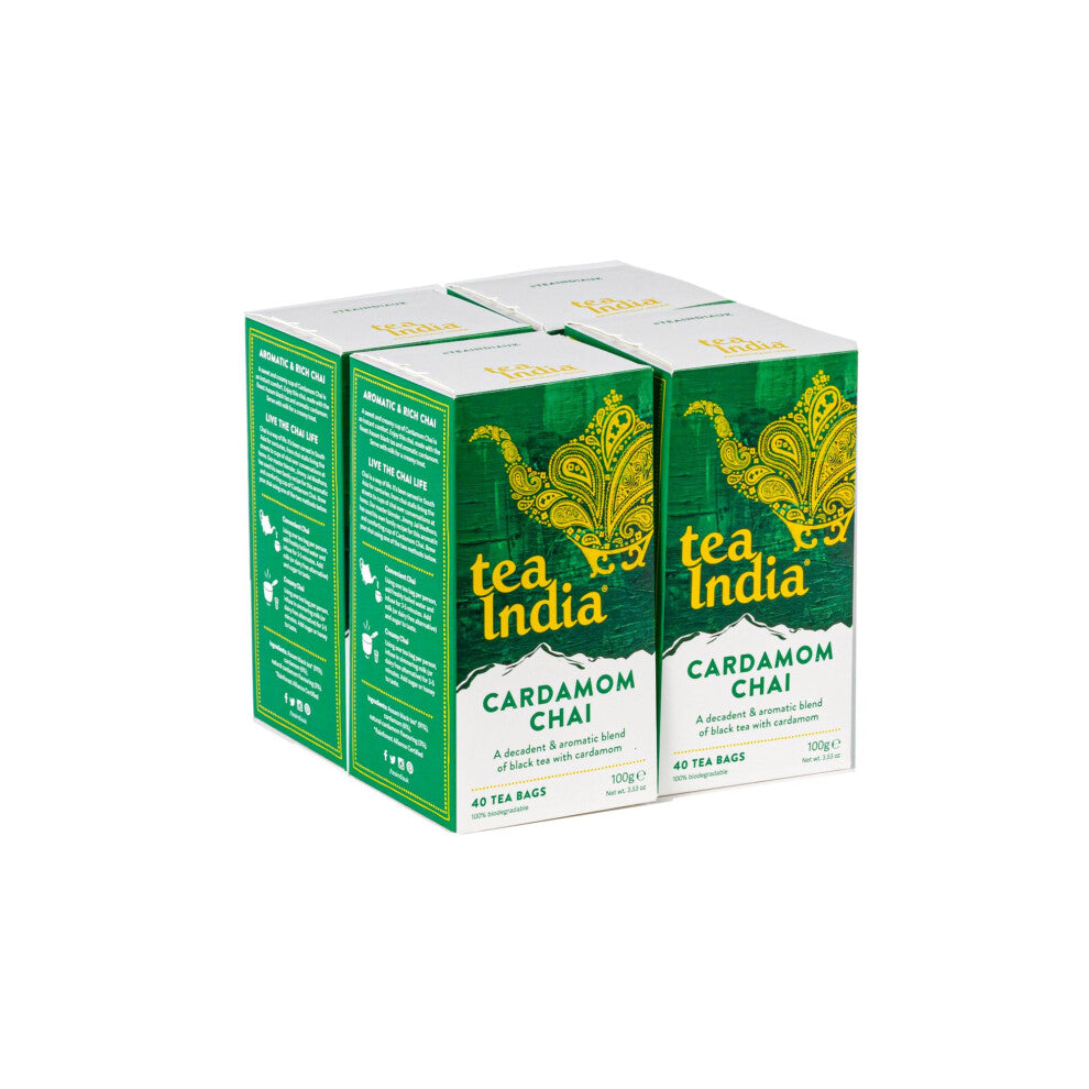 Tea India Chai Tea Bags (4 Packs of 40 Biodegradable Tea Bags) Rainforest Alliance Certified (Cardamom Chai)