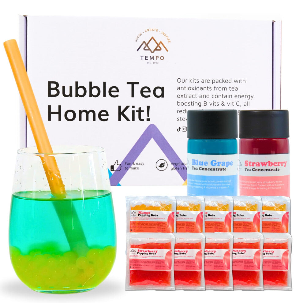 Bubble Tea Kit (Serves 10) - Blue Grape & Strawberry with Mango & Strawberry Popping Boba, Fruit Tea Concentrate, Low Calorie, Low Sugar