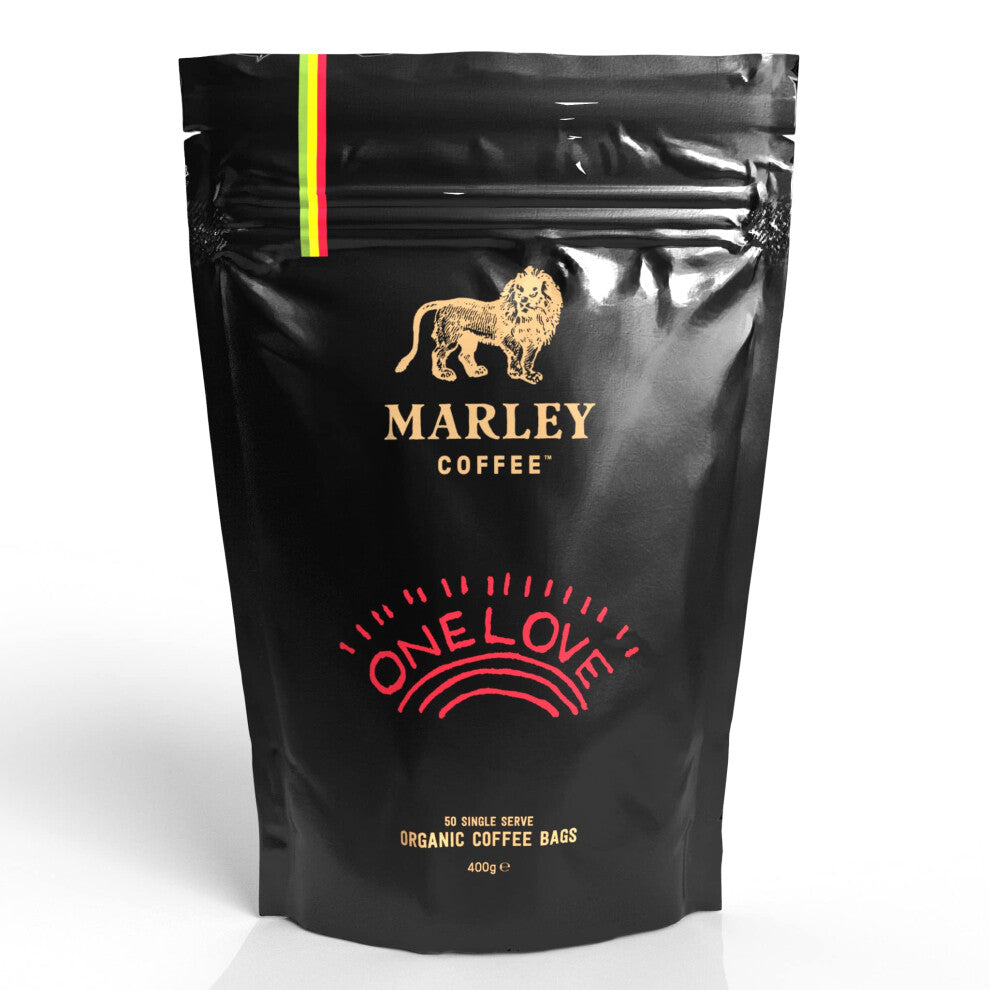 Coffee Bags - 50 x Medium Roast Organic Ground Coffee Bags - One Love Blend - Marley Coffee - From The Marley Family - Medium Roast - Strength 3
