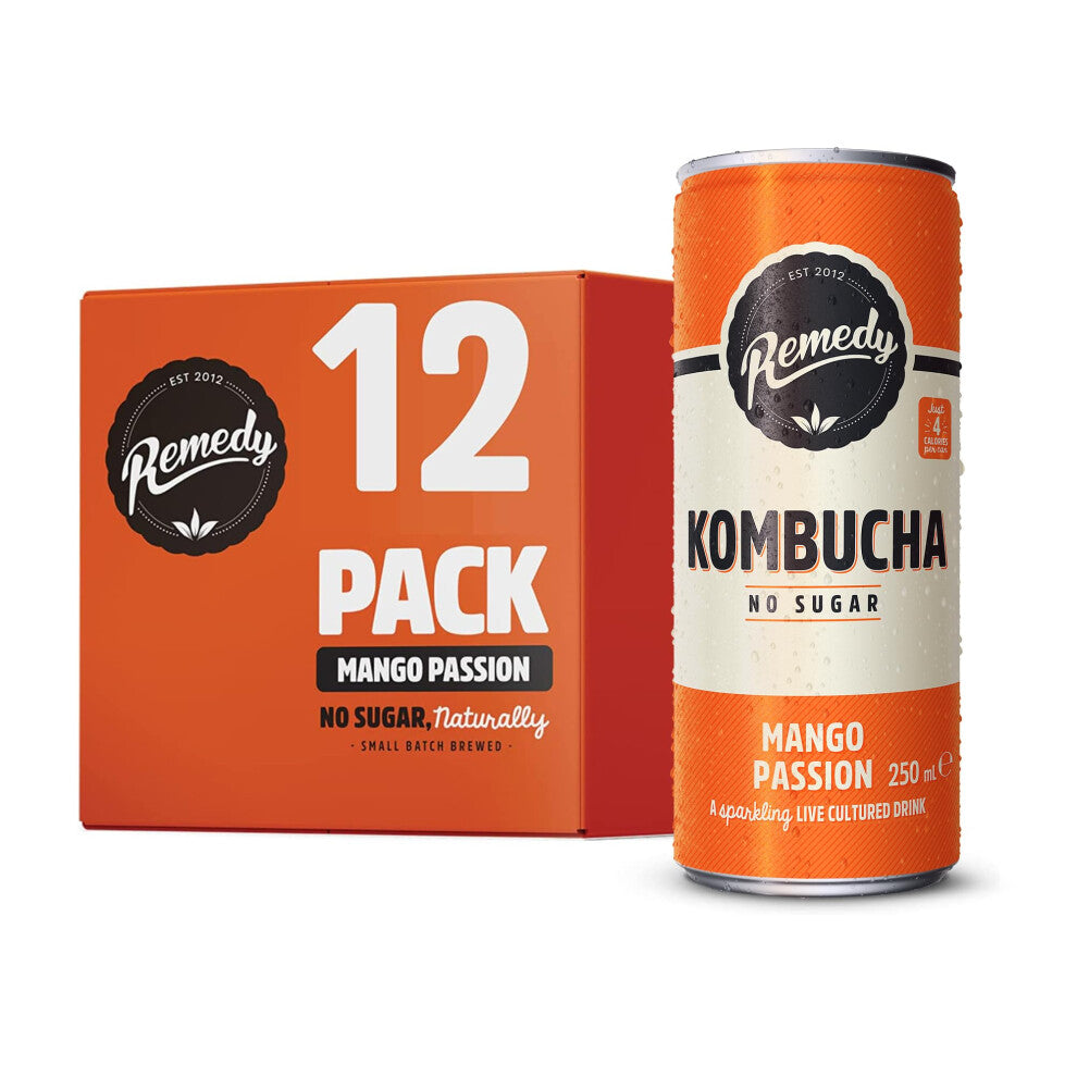 Remedy Kombucha Tea - Mango Passion - Sparkling Live Cultured, Naturally Sugar Free Soft Drink - Probiotic for Gut Health - 12 x 250ml