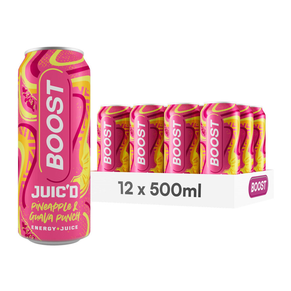 Boost Juic'd Energy Drink Pineapple & Guava Juice Punch | 12 Multipack Carbonated Soft Drinks with Real Fruit, High Caffeine, Taurine and Vitamin B |