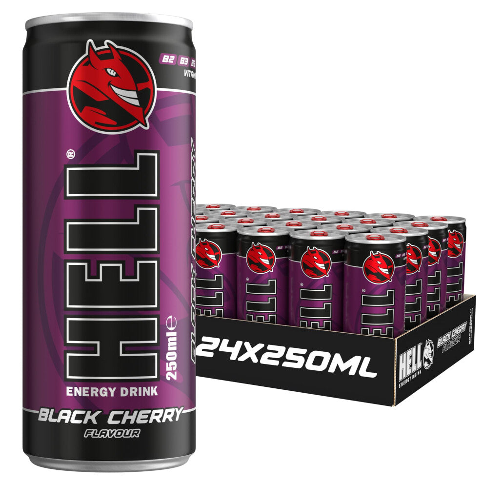 HELL Energy Drink Black Cherry Flavour | 24 x 250ml Cans Multipack | 32mg-100ml Caffeine | Contains Vitamins B2 B3 B5 B6 B12 | Preservative Free |