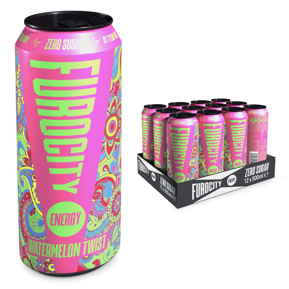 Furocity Sugar Free Energy Drink, Watermelon Twist, 157mg Caffeine, Low Calorie, Zero Sugar, High in Vitamins C, B6, B12, Taurine, Vegan, 12 x 500ml