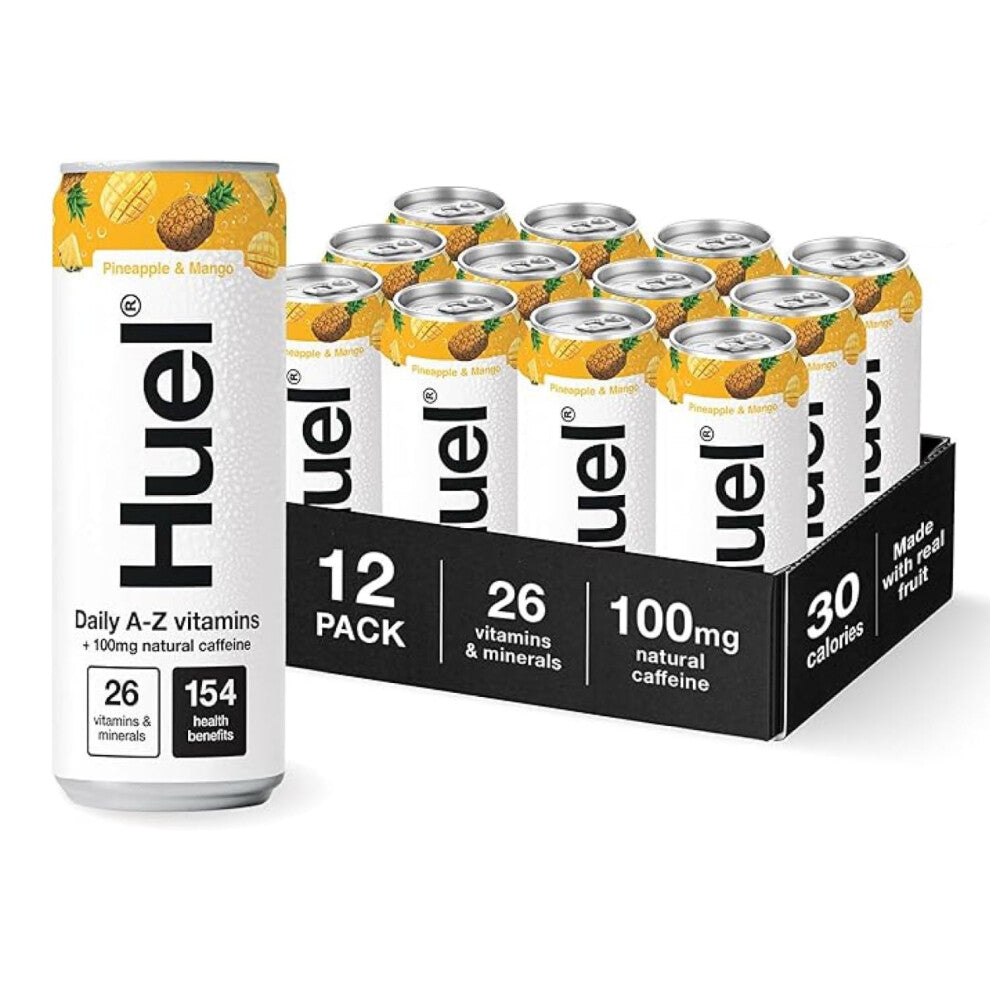 Huel Daily A-Z Vitamins Energy Drink, 12 x 330ml Cans, Pineapple & Mango Sparkling Multivitamin Energy Drink, Fizzy Drinks Made with Real Fruit, Rich