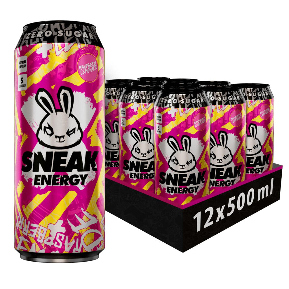 SNEAK Energy Drink Cans | Raspberry Lemonade | No Sugar. No Nasties. Just Natural Caffeine, Focus Boosting Nootropics in a Can | 500ml x 12