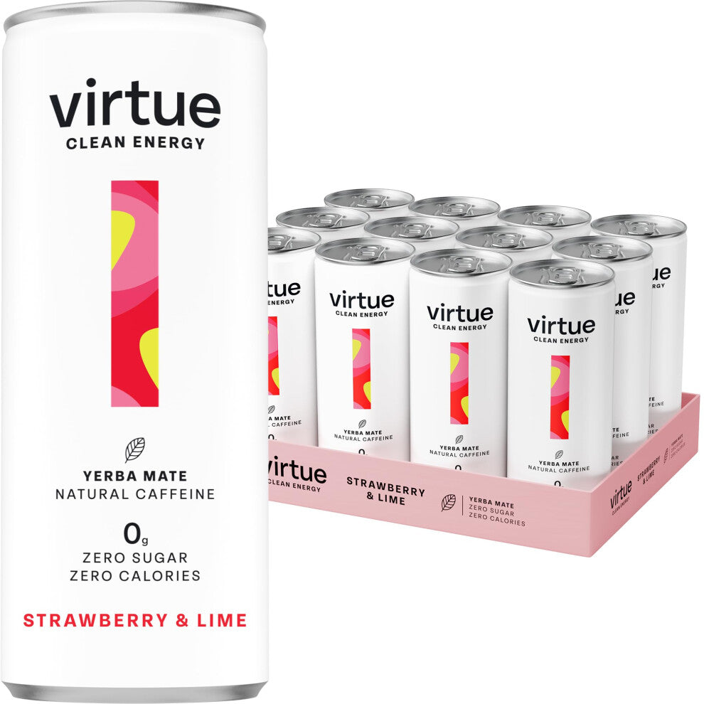 Virtue Yerba Mate - Natural Energy Drink - Sugar Free, Zero Calories, Vegan, Keto Friendly, Gluten Free - 12 x 250ml (Strawberry & Lime)