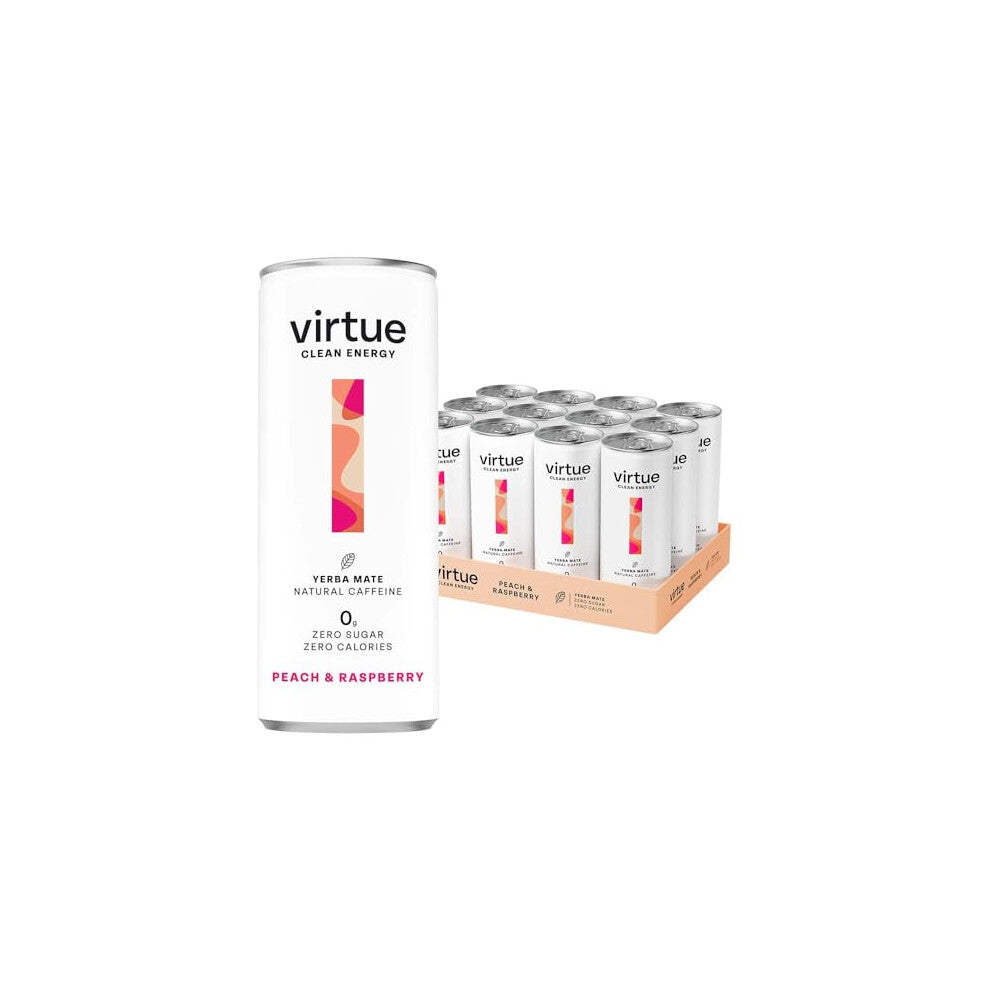 Virtue Yerba Mate - Natural Energy Drink - Sugar Free, Zero Calories, Vegan, Keto Friendly, Gluten Free - 12 x 250ml (Peach & Raspberry)