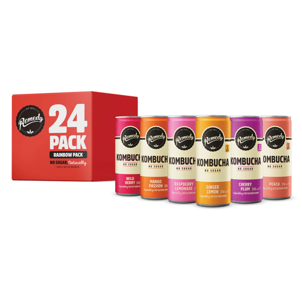 Remedy Kombucha Tea - Rainbow Mixed Pack - Sparkling Live Cultured Drink - Naturally Sugar Free Soft Drink - Probiotic Drink for Gut Health - 24 x