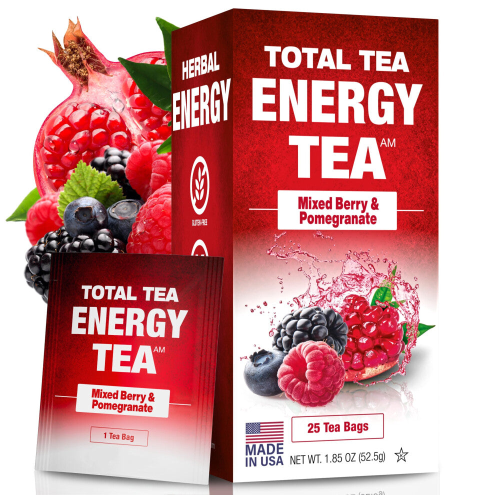 Total Tea Energy Tea Bags with Caffeine - 100% Natural Caffeine Tea Mixed Berry Flavored Green Tea with Antioxidant Rich Guayusa, Ginseng Root and